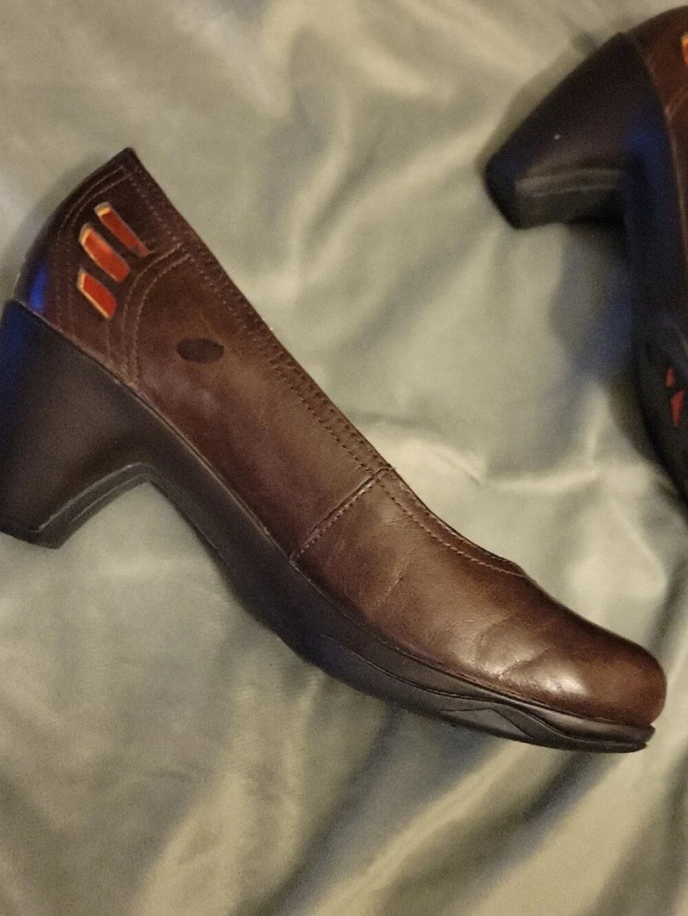 Merrell Dark Brown Leather Wedge Pumps with Red Lining